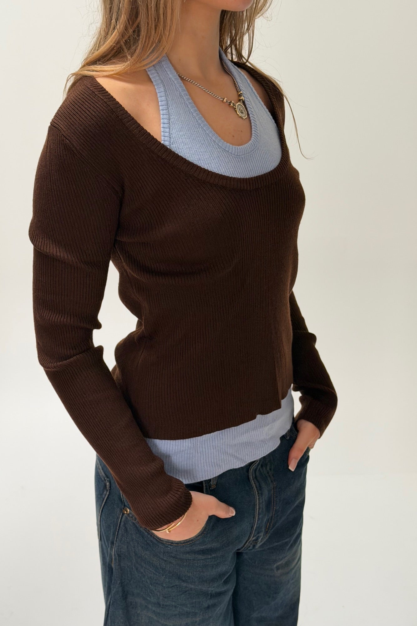 Lorena Layered Ribbed Top Chocolate/Sky