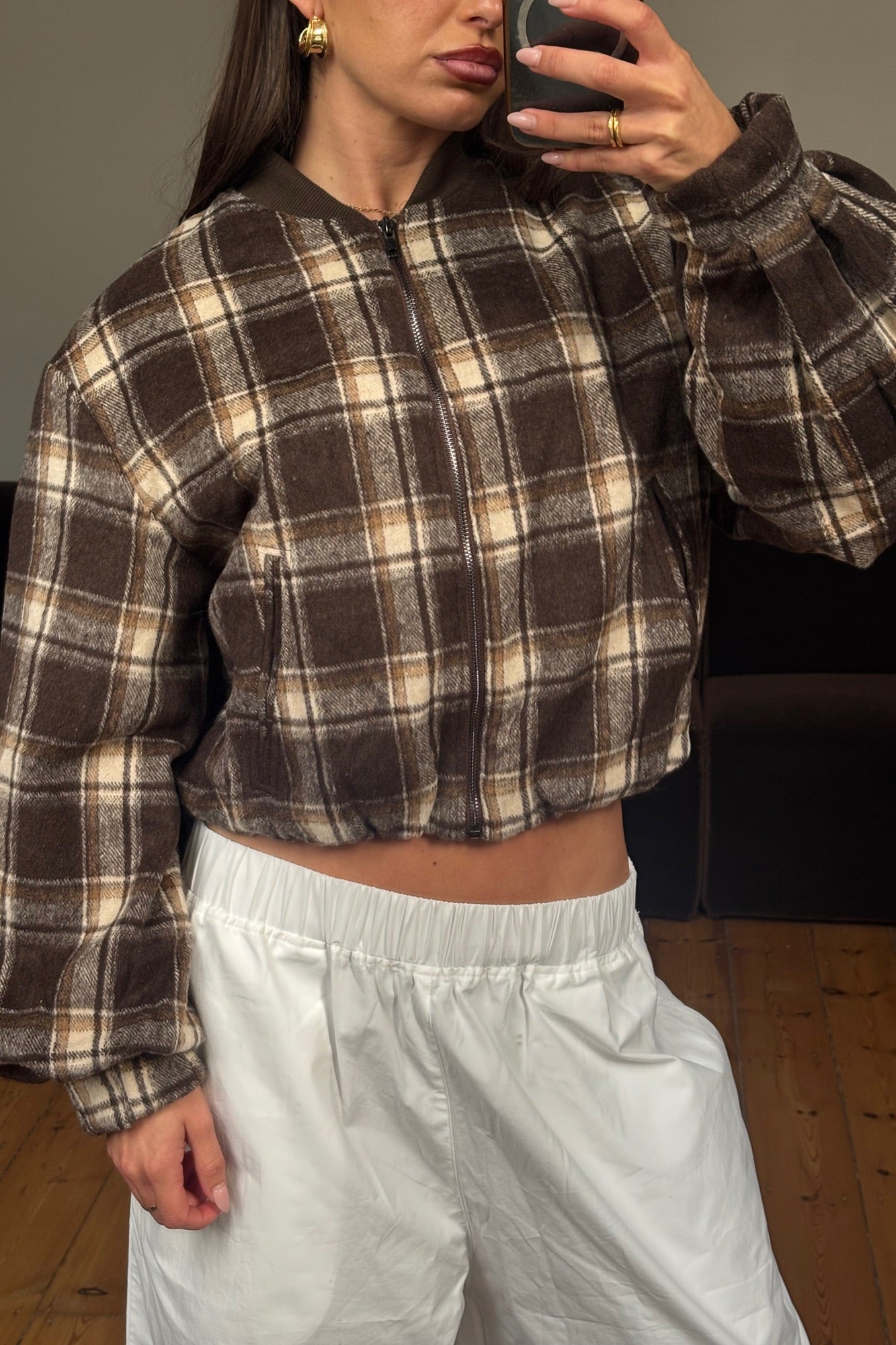 Clara Bomber Brown Check