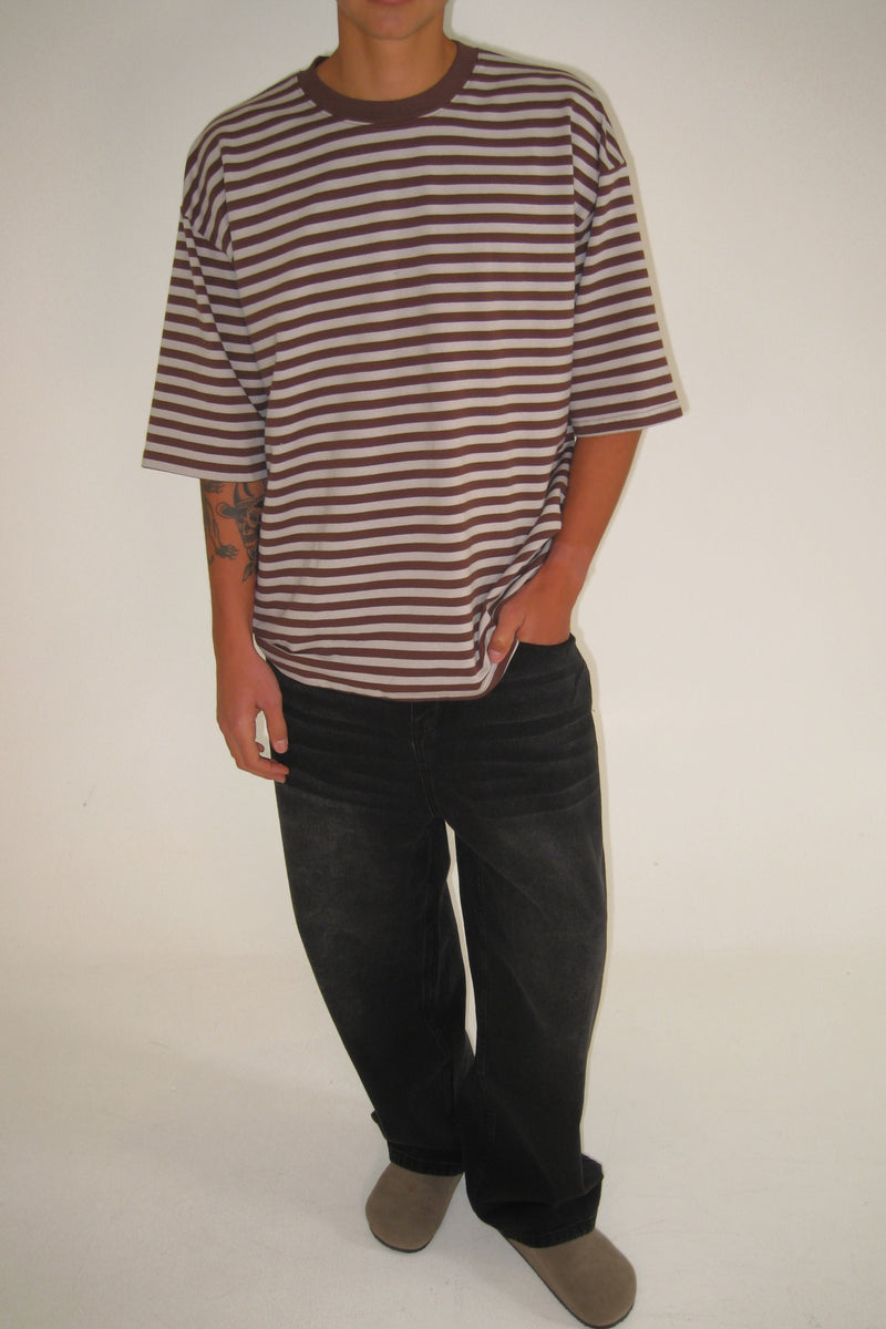 Stripe Crew Long Sleeve Tee in Choc/Ivory