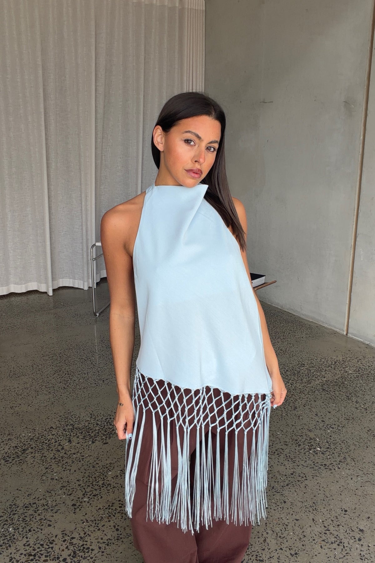 Alicia Fringe Top Sky