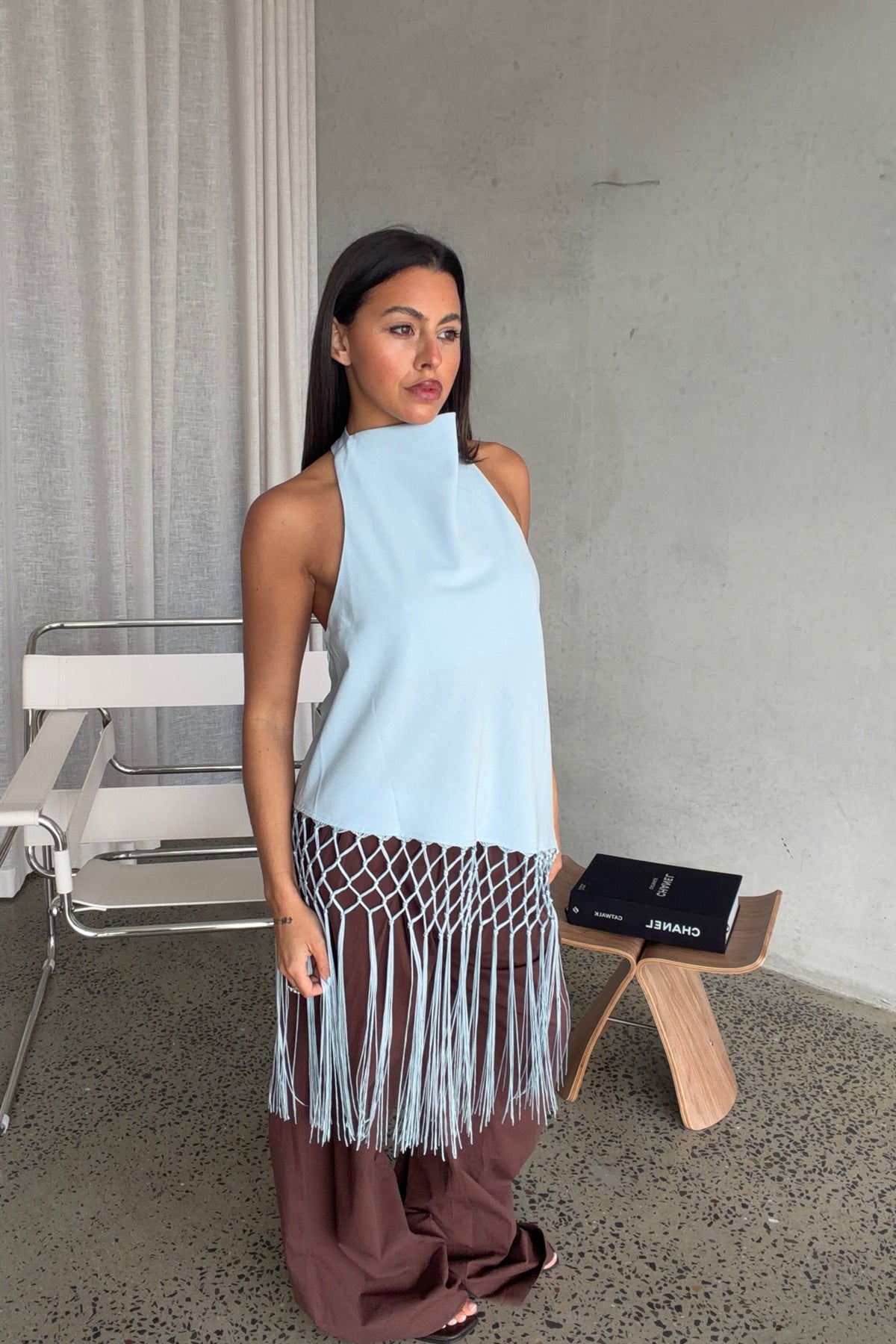 Alicia Fringe Top Sky