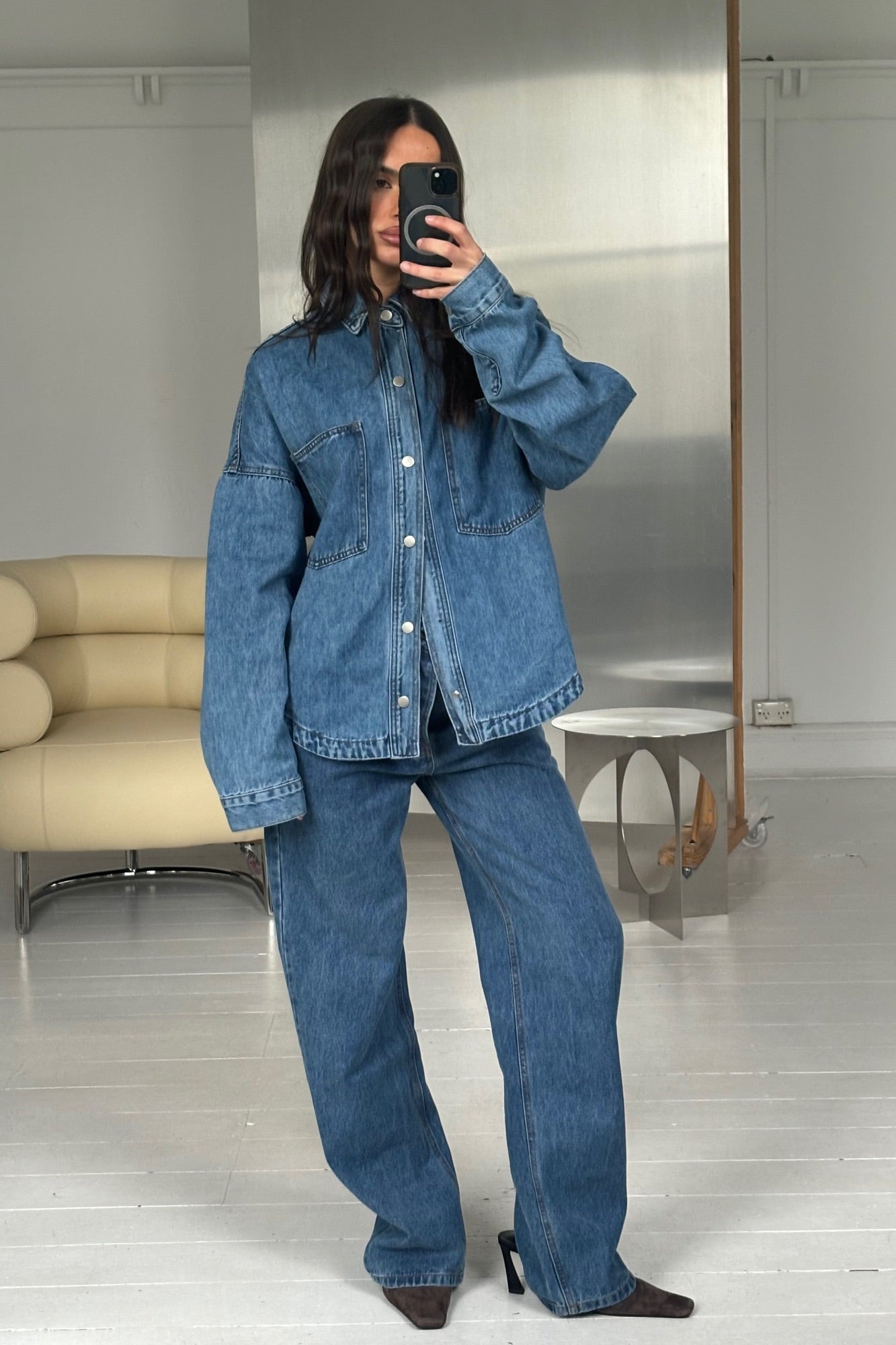 Unisex Drop Shoulder Denim Shirt Blue