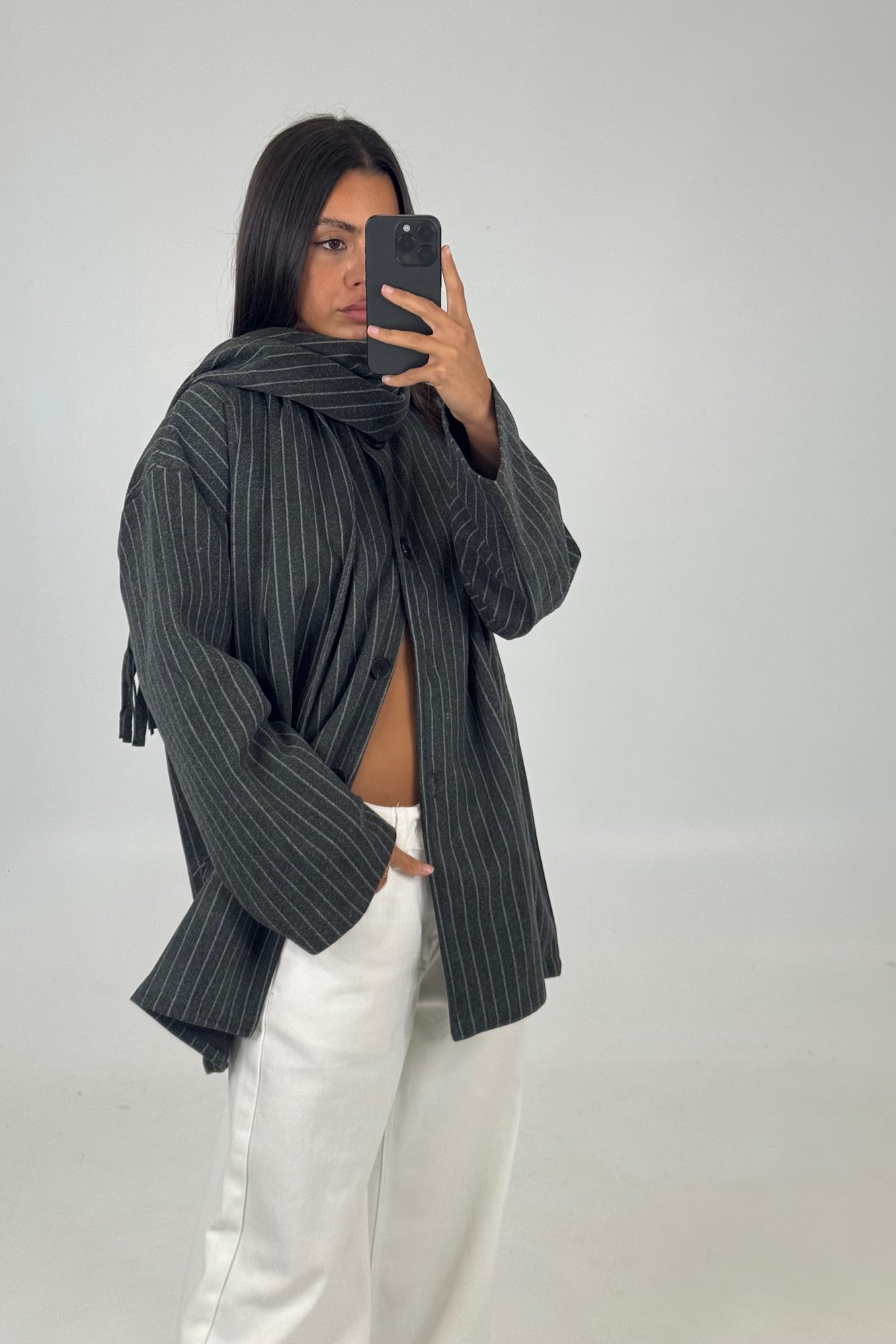 Anette Scarf Jacket Grey Pinstripe
