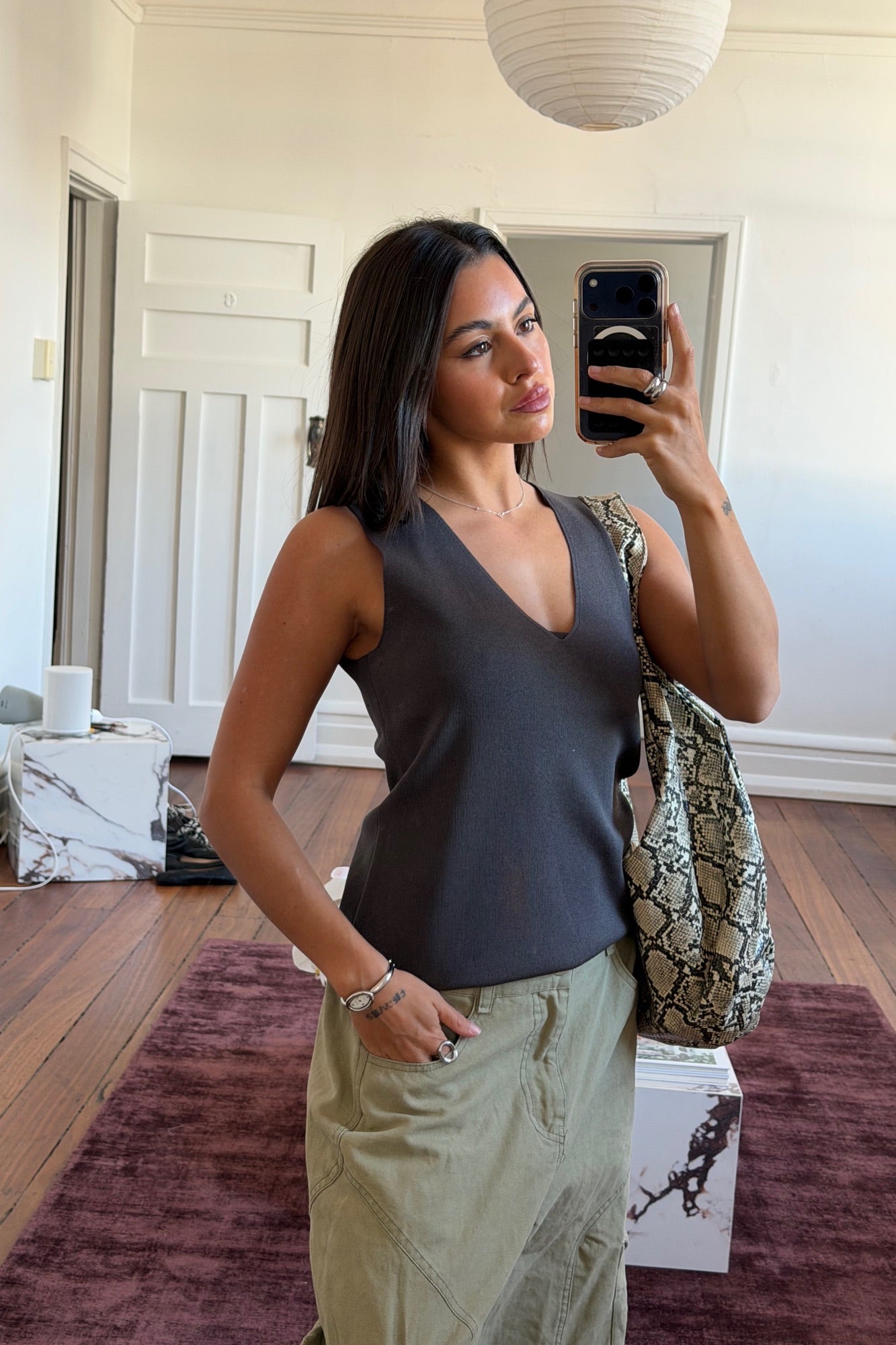 Larna V Neck Tank Dark Grey
