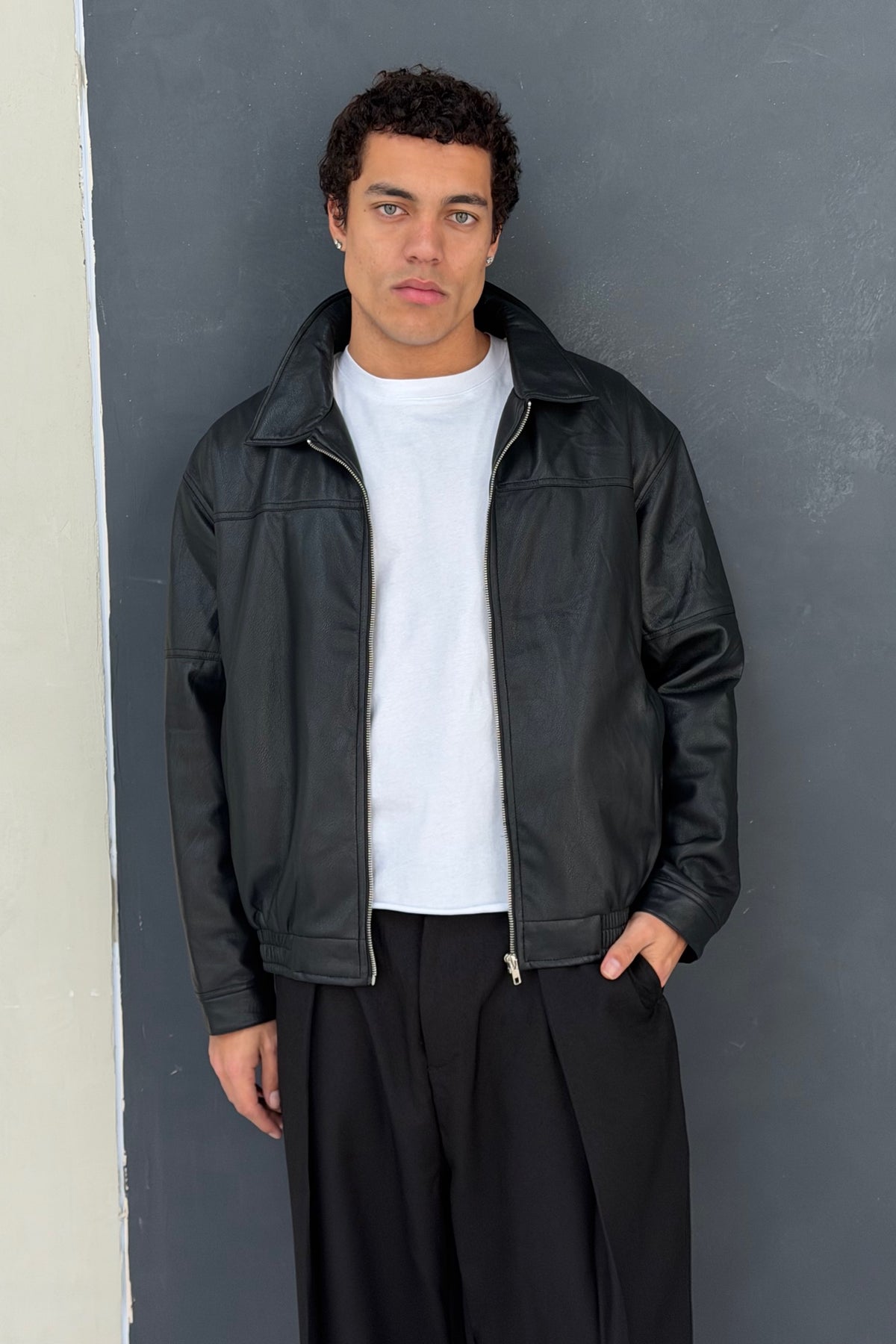 Faux Leather Soft Bomber Black
