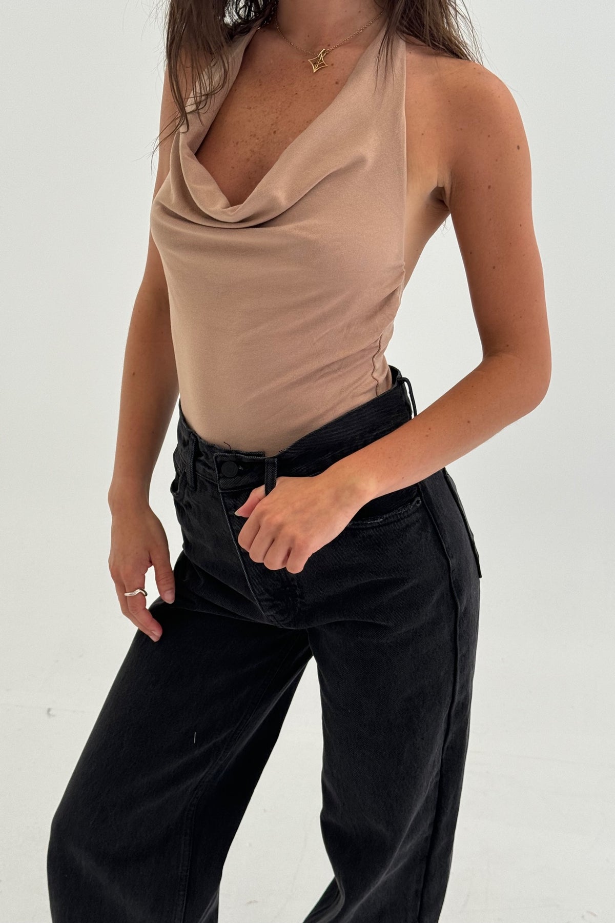 Lani Cowl Neck Bodysuit Taupe