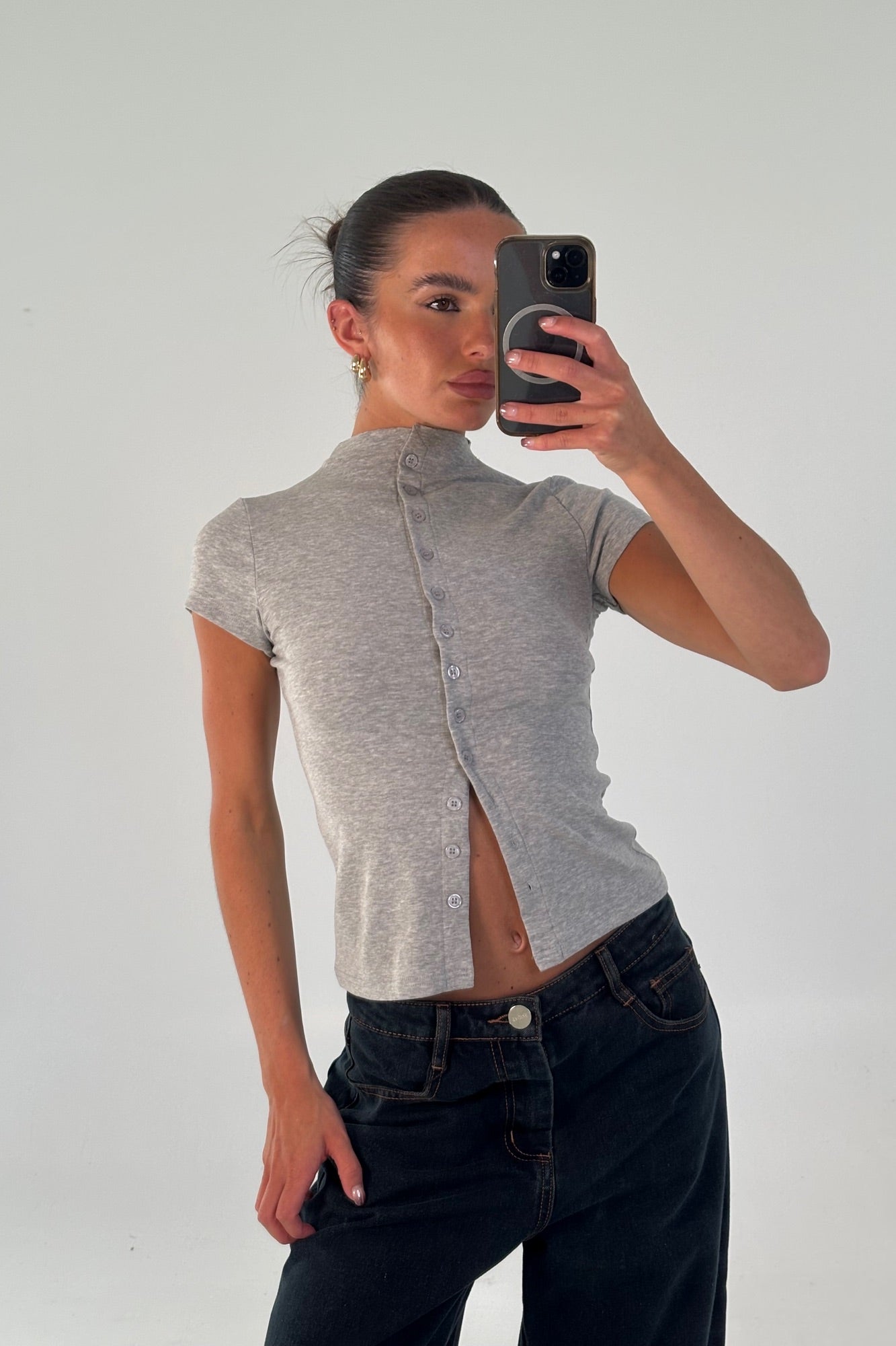 Jessica Button Up Top Grey