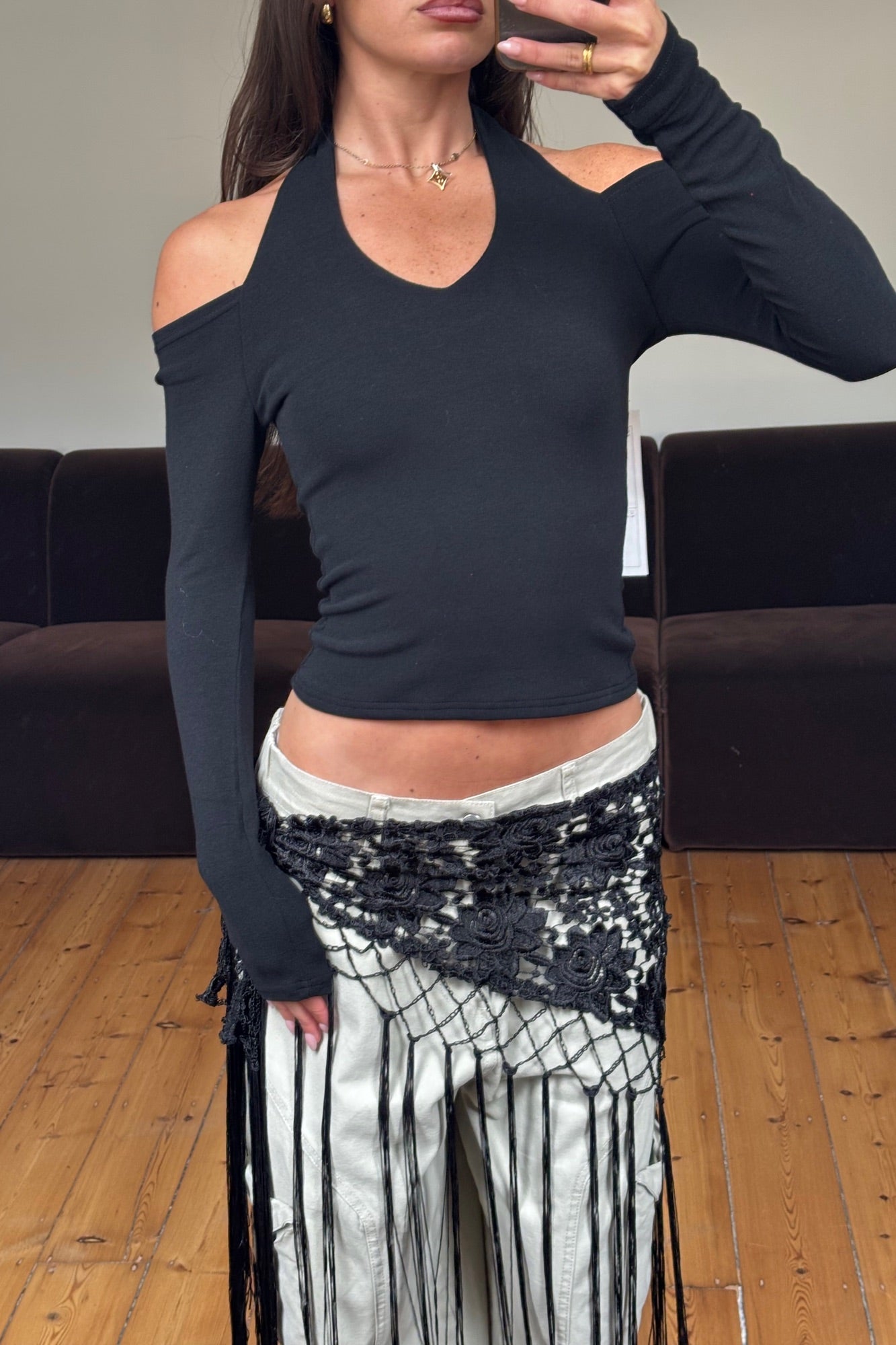 Andrea Fringe Scarf Belt Black
