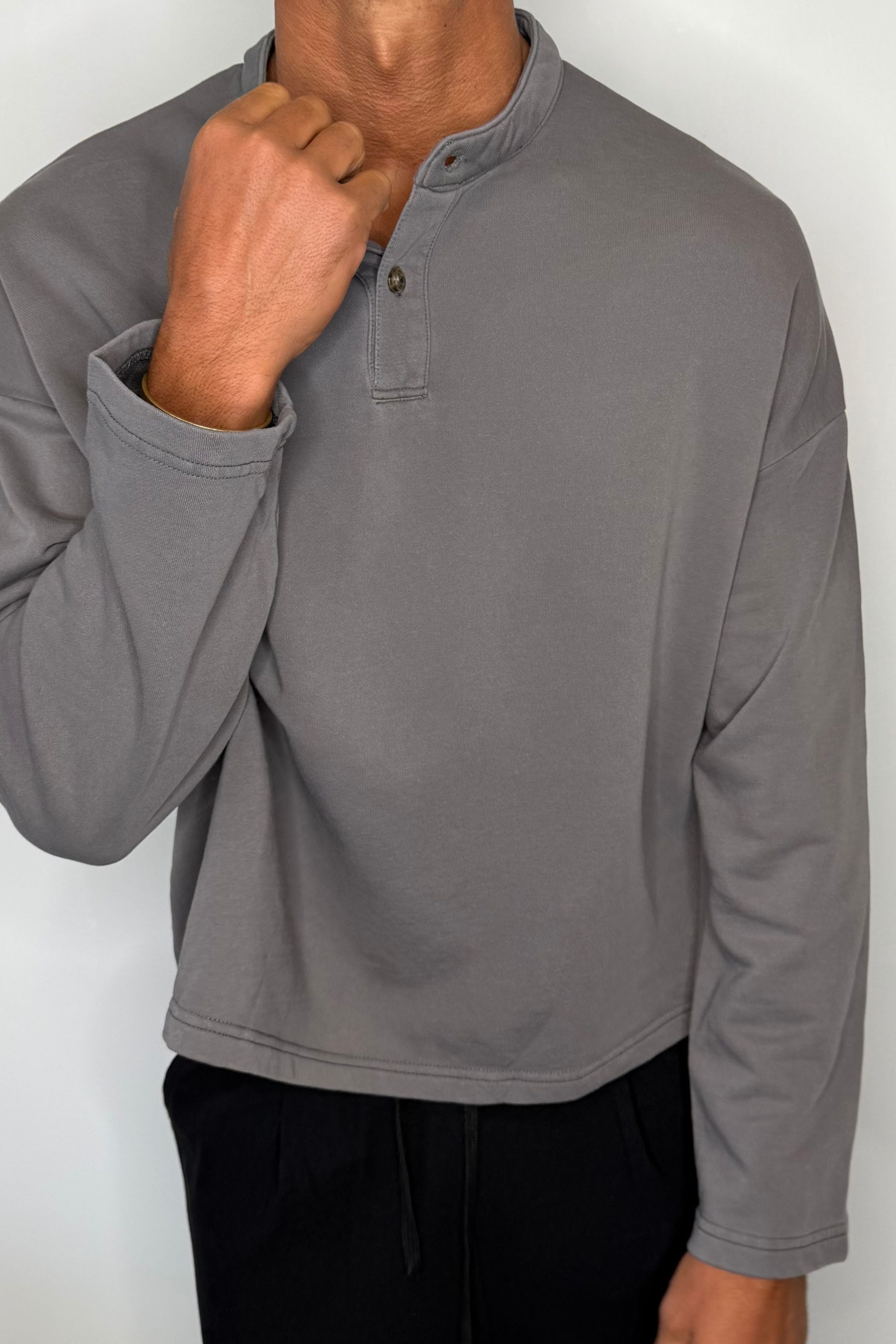 Fleece Crop Henley Charcoal