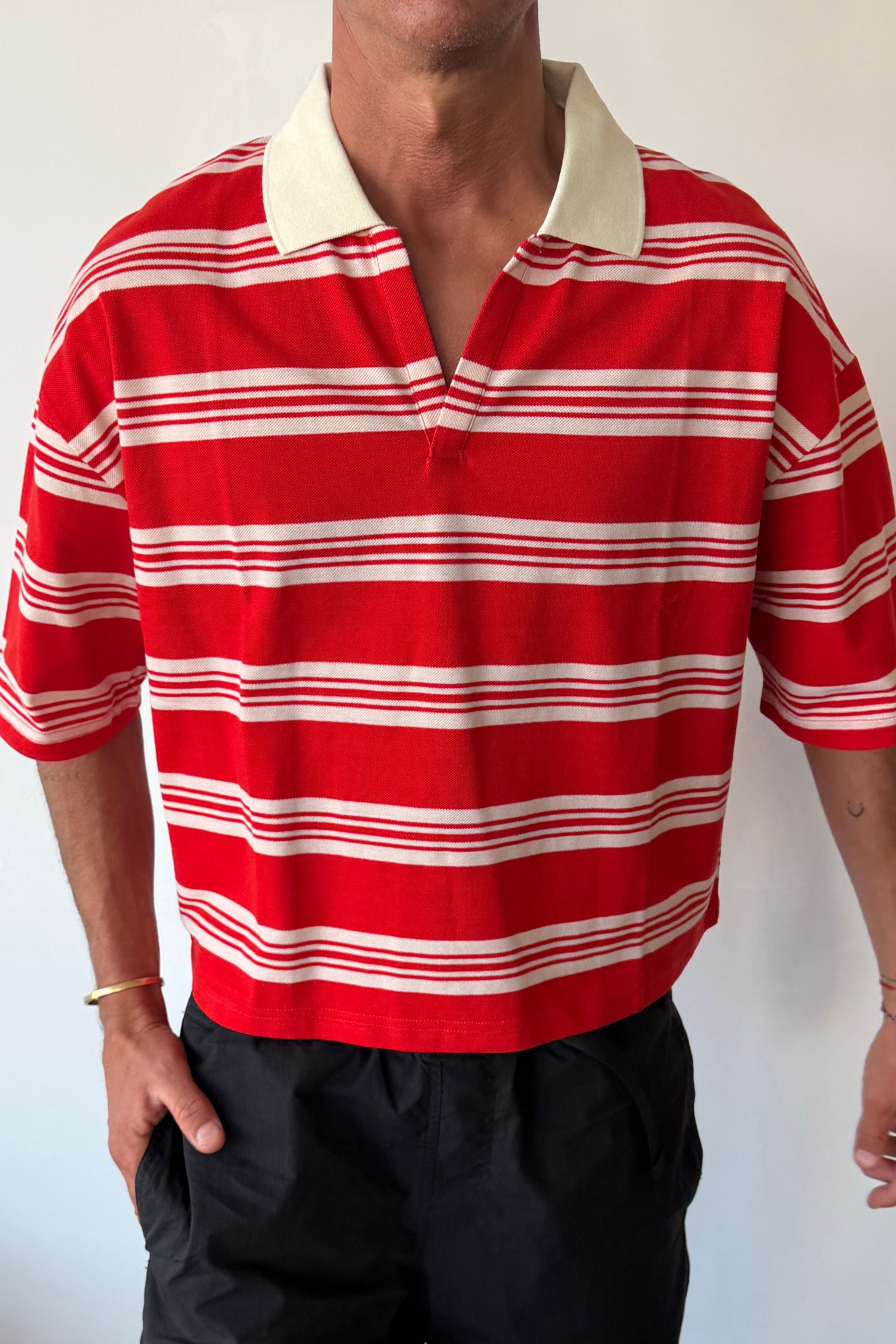 Jersey Crop Polo Red Stripe