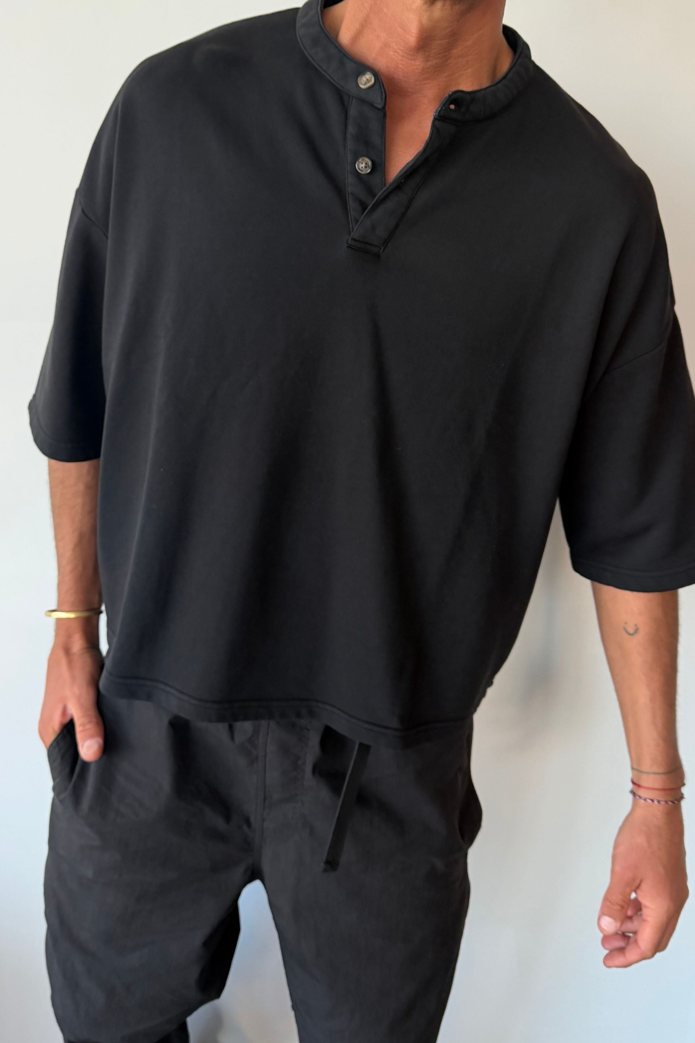 Fleece Crop Henley Tee Black