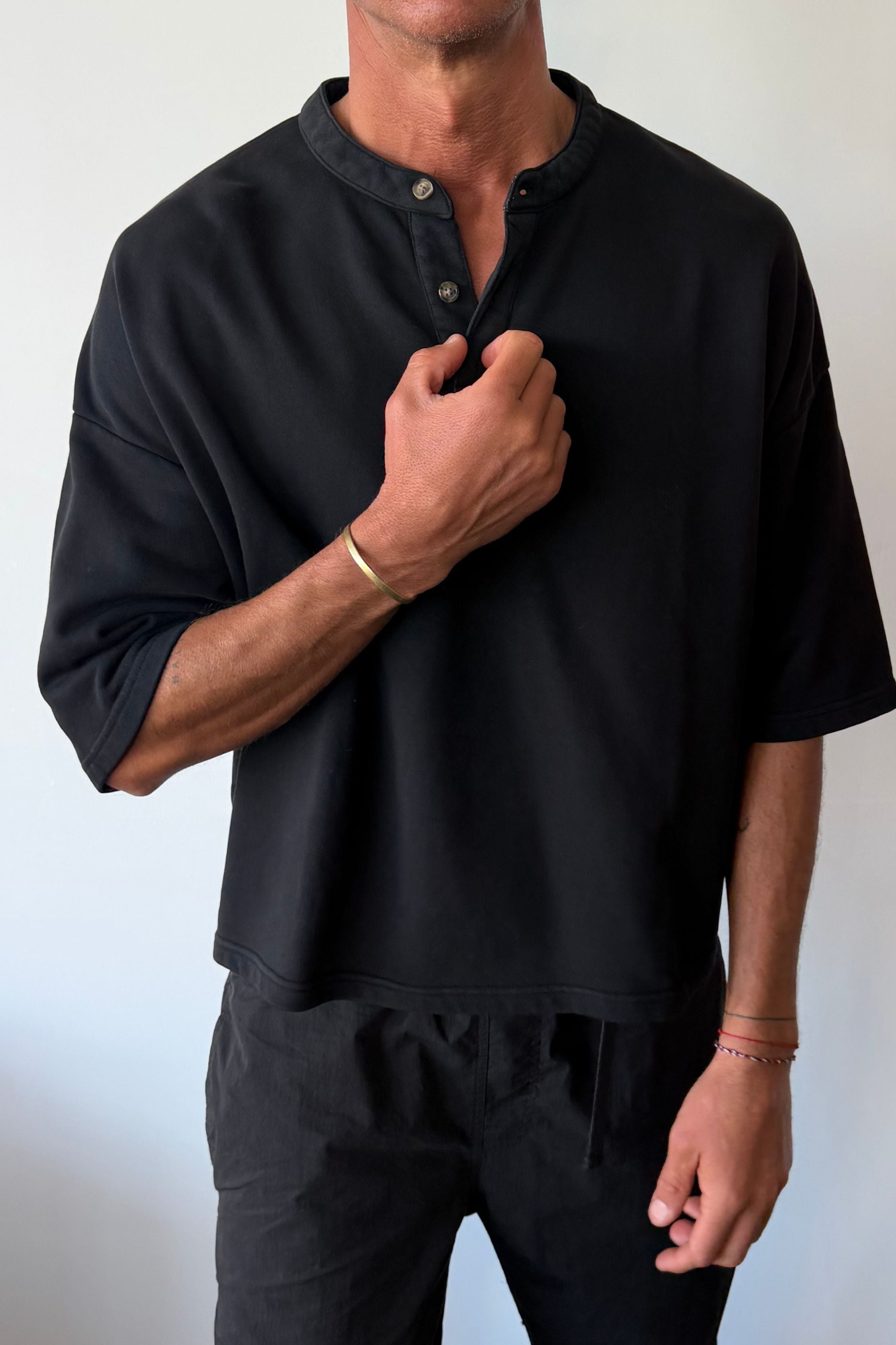 Fleece Crop Henley Tee Black