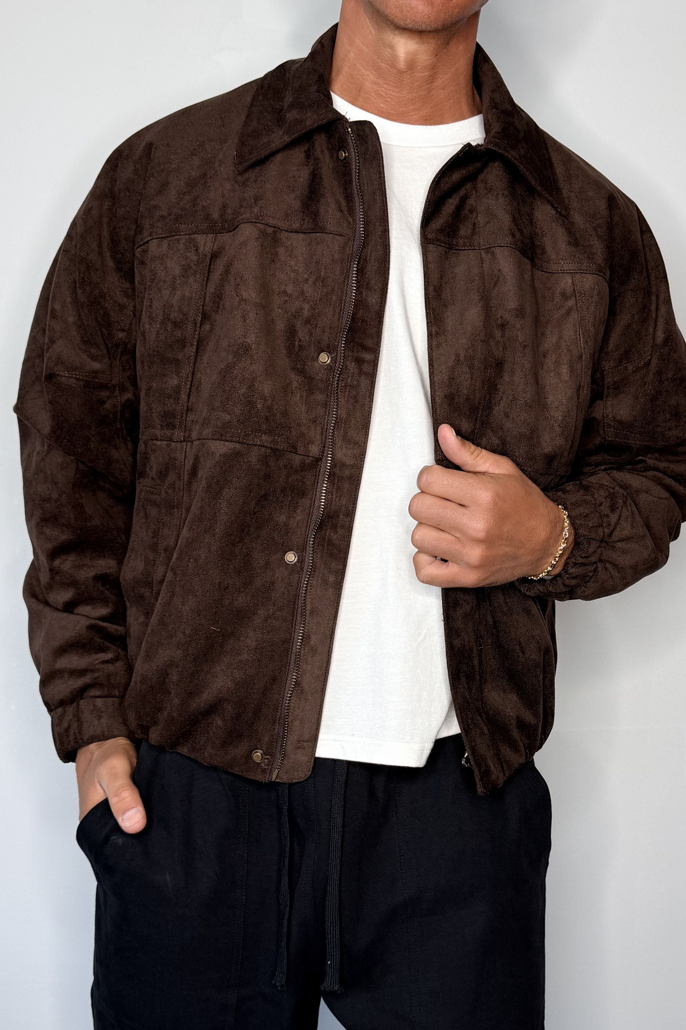 Faux Suede Bomber Jacket Choc