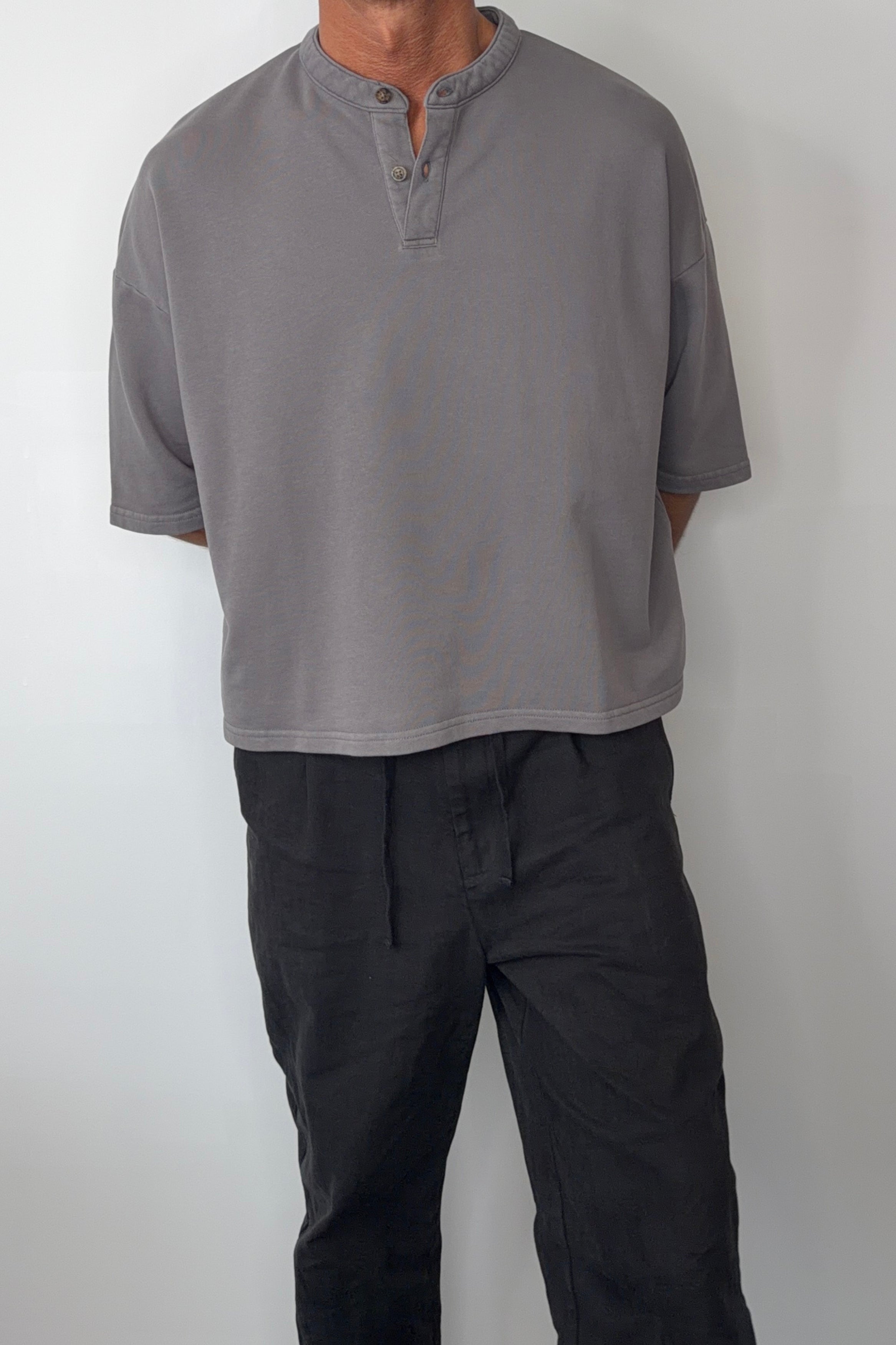 Fleece Crop Henley Tee Charcoal