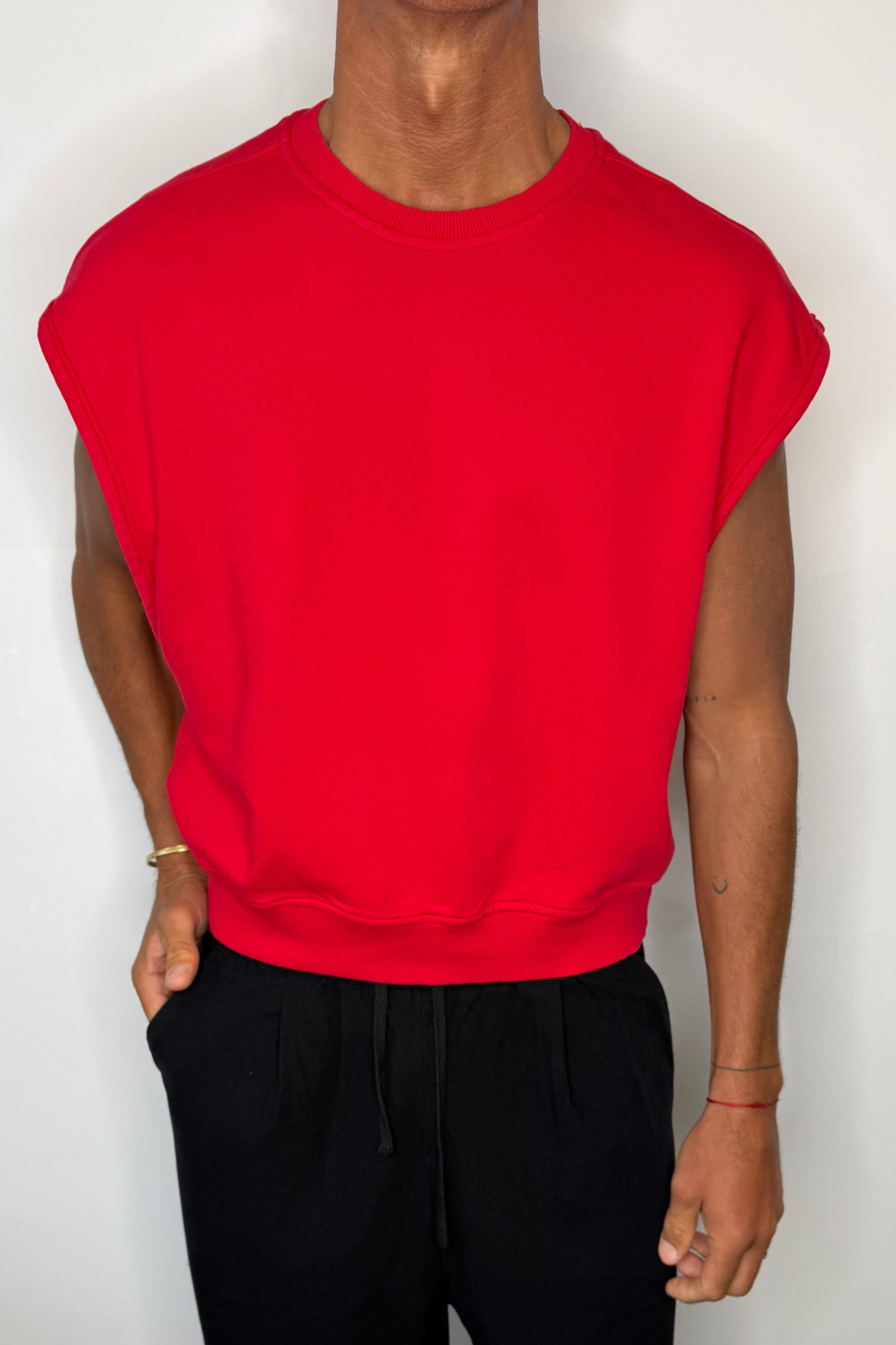 Cropped Fleece Ribbed Tank Red