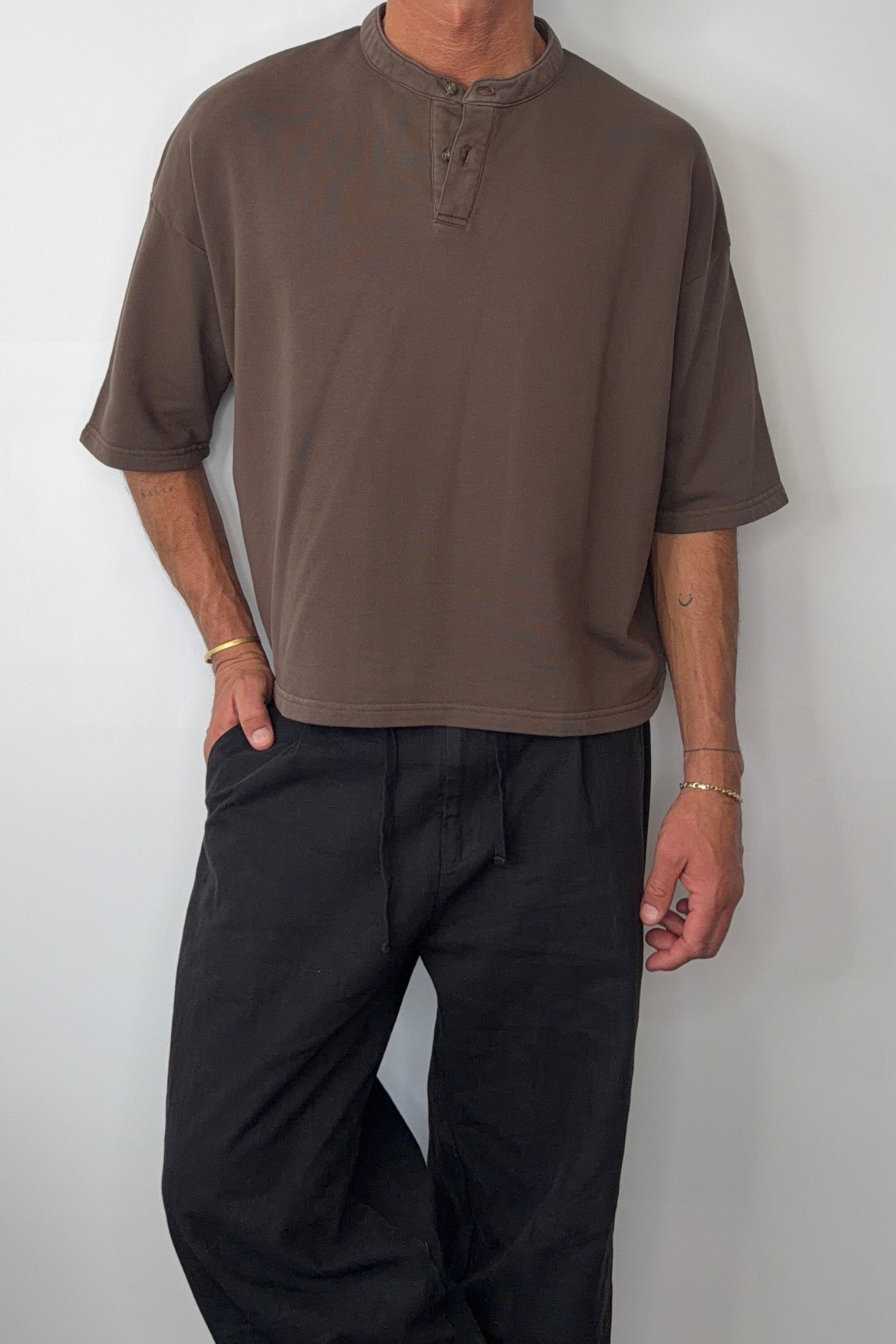 Fleece Crop Henley Tee Choc
