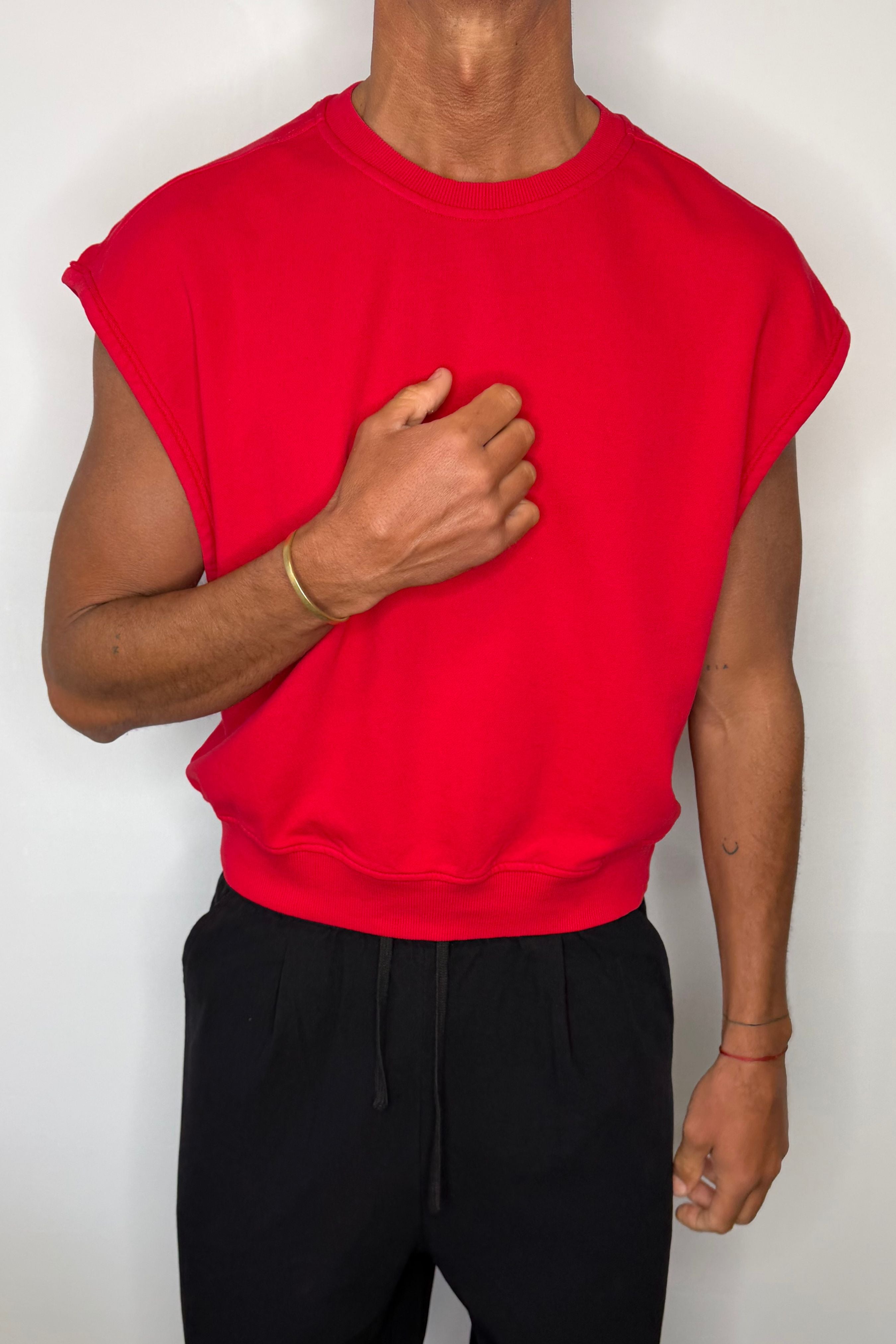 Cropped Fleece Ribbed Tank Red