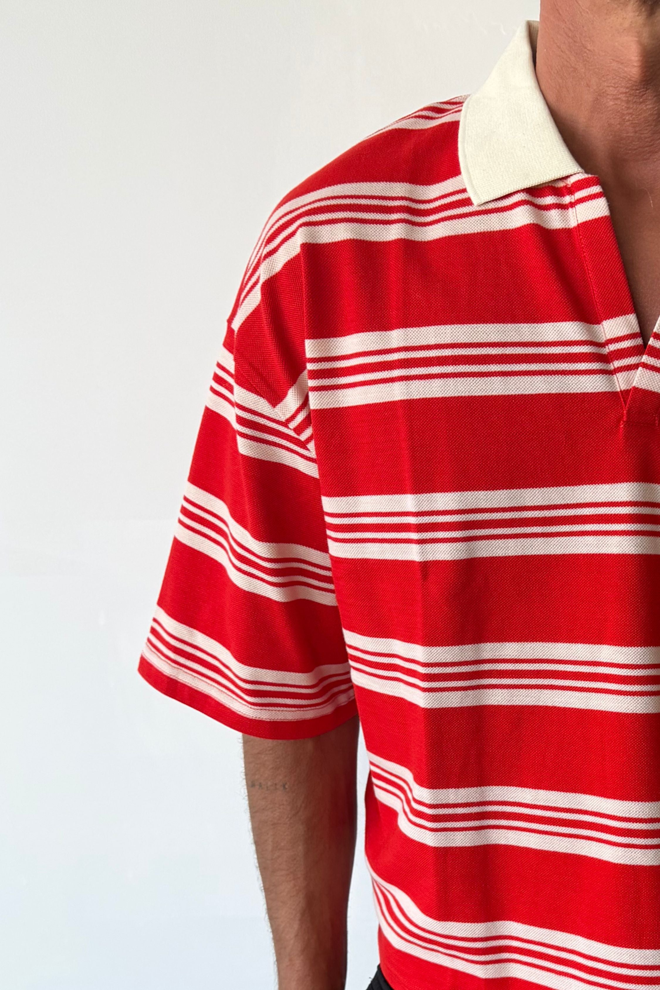 Jersey Crop Polo Red Stripe