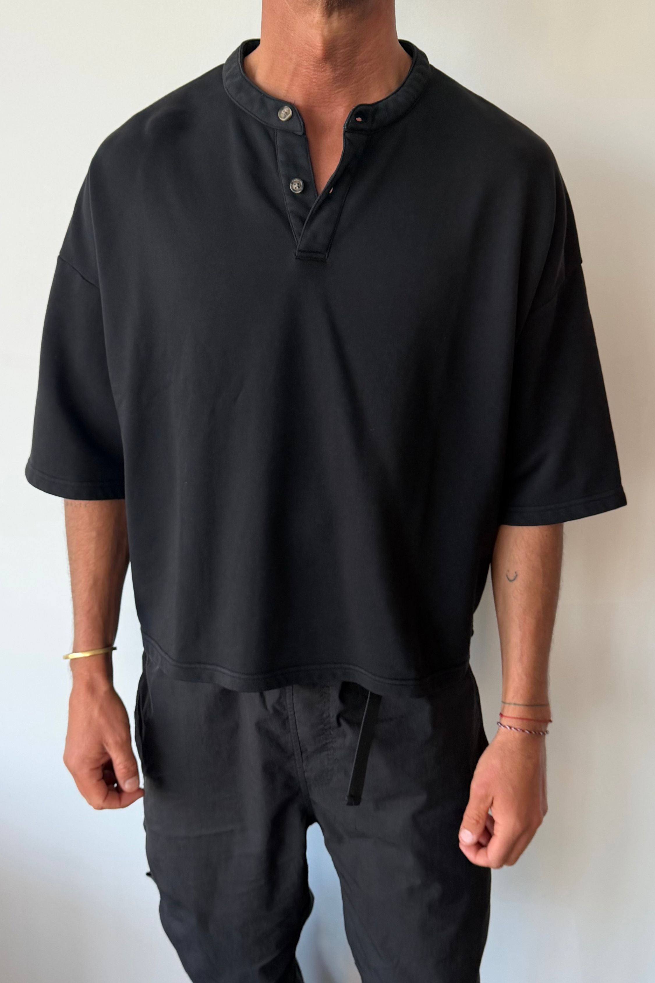 Fleece Crop Henley Tee Black