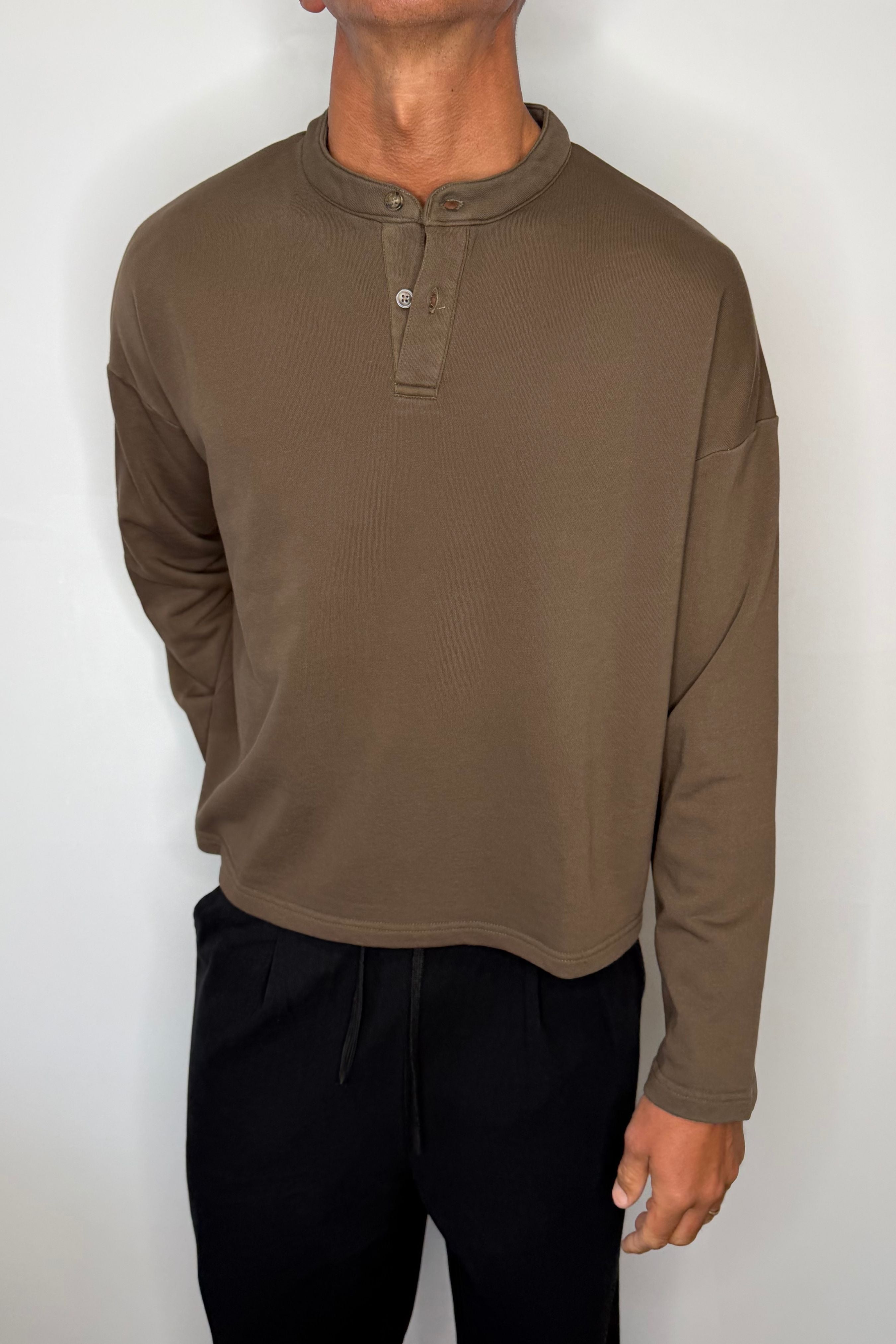 Fleece Crop Henley Choc