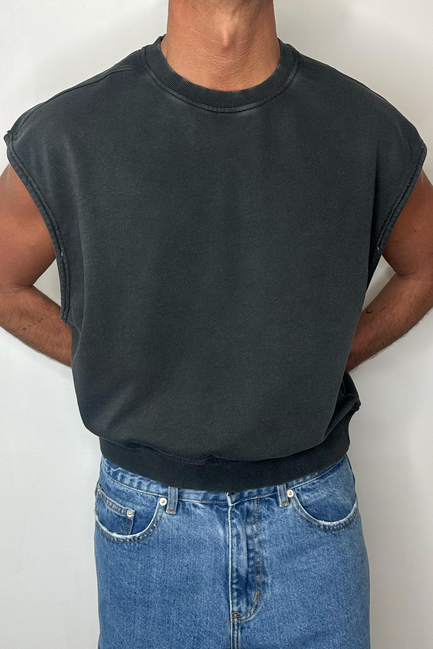Cropped Fleece Ribbed Tank Charcoal