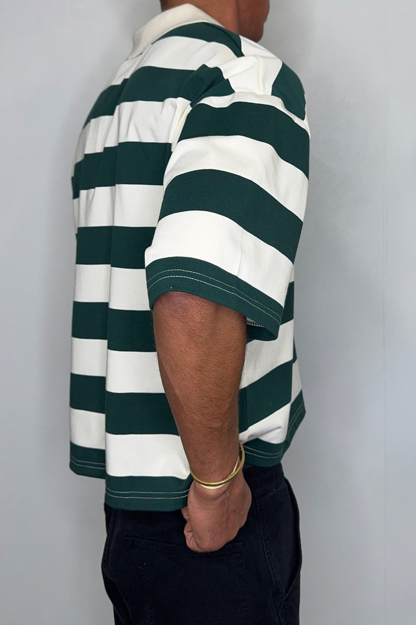 Jersey Crop Polo Stripe Emerald