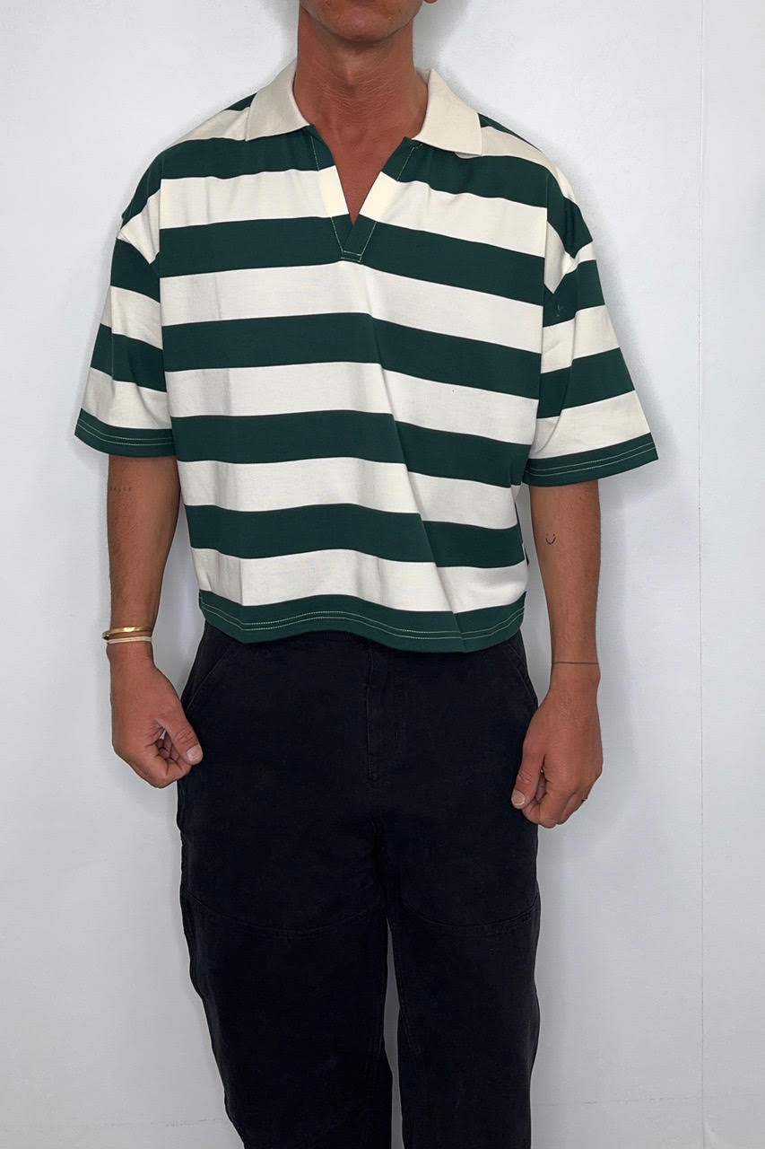 Jersey Crop Polo Stripe Emerald