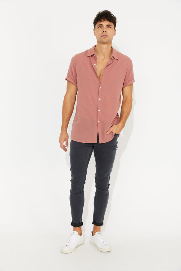 Hudson Short Sleeve Button Up Shirt Cotton Salmon