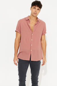 Hudson Short Sleeve Button Up Shirt Cotton Salmon