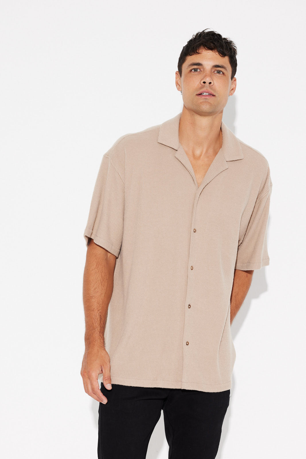 Cord Knit Short Sleeve Shirt Light Brown